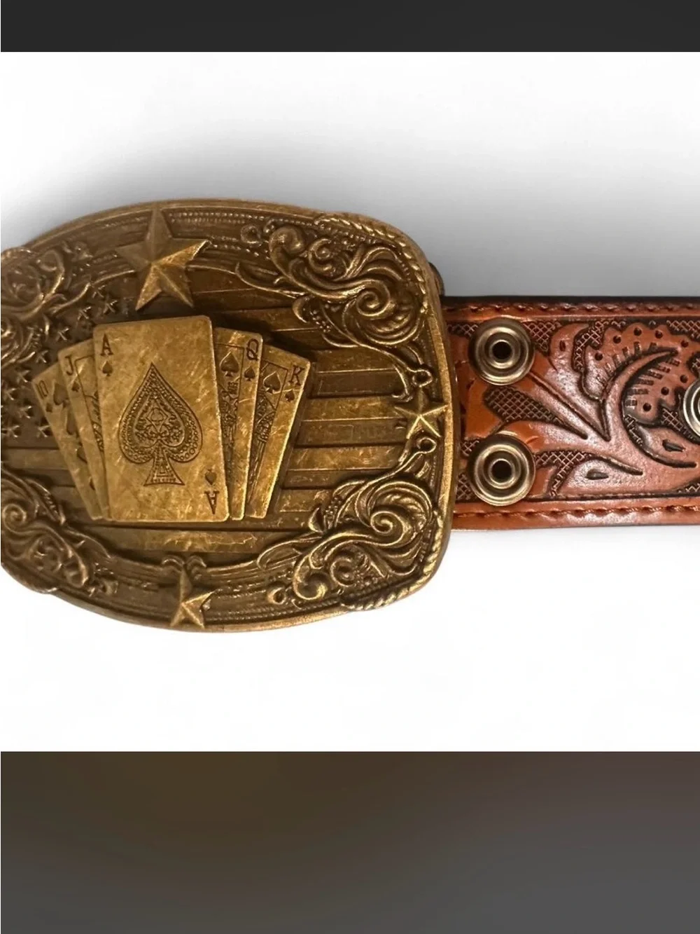 Western poker brass belt with floral embossed genuine leather